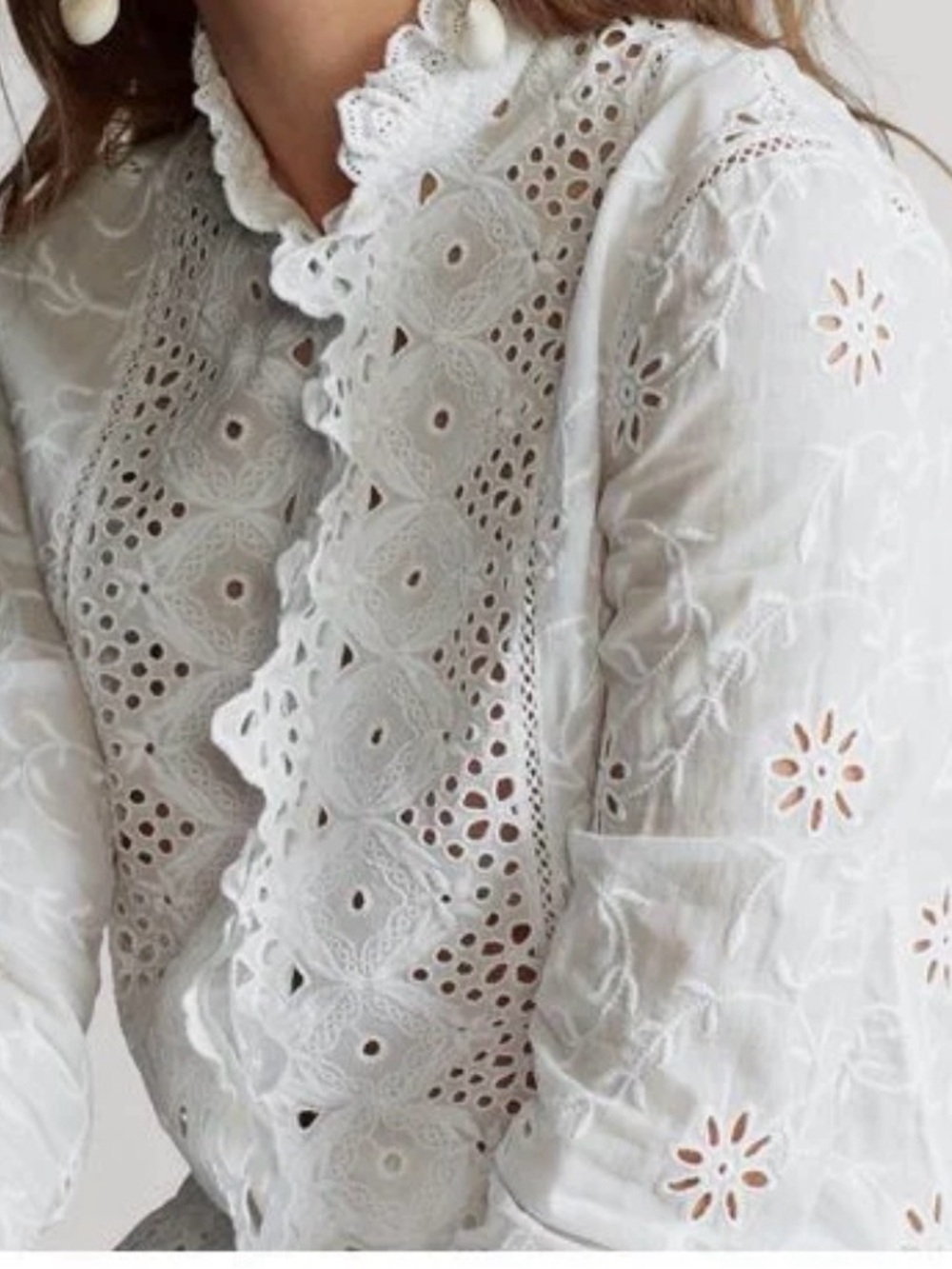 Ralph Lauren White Eyelet Lace Ruffle-Front Blouse